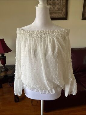 NWT HL Affair New York White Swiss Dot Off Shoulder Blouse Medium